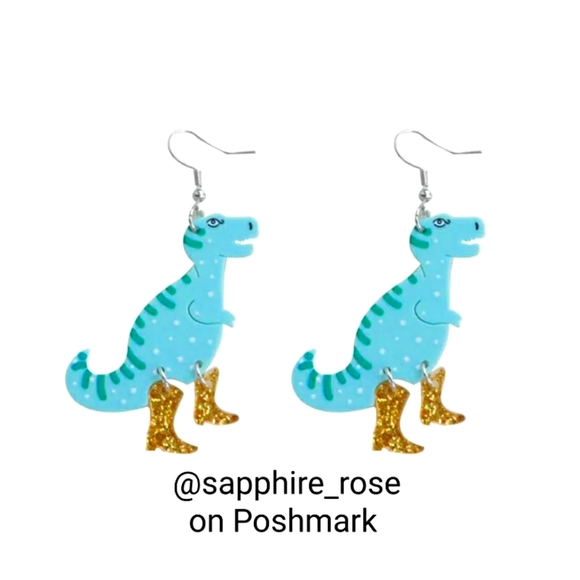 Adorable Blue T Rex Dinosaur in Glittery Boots Women's Earrings Acrylic Jewelry - Picture 3 of 4